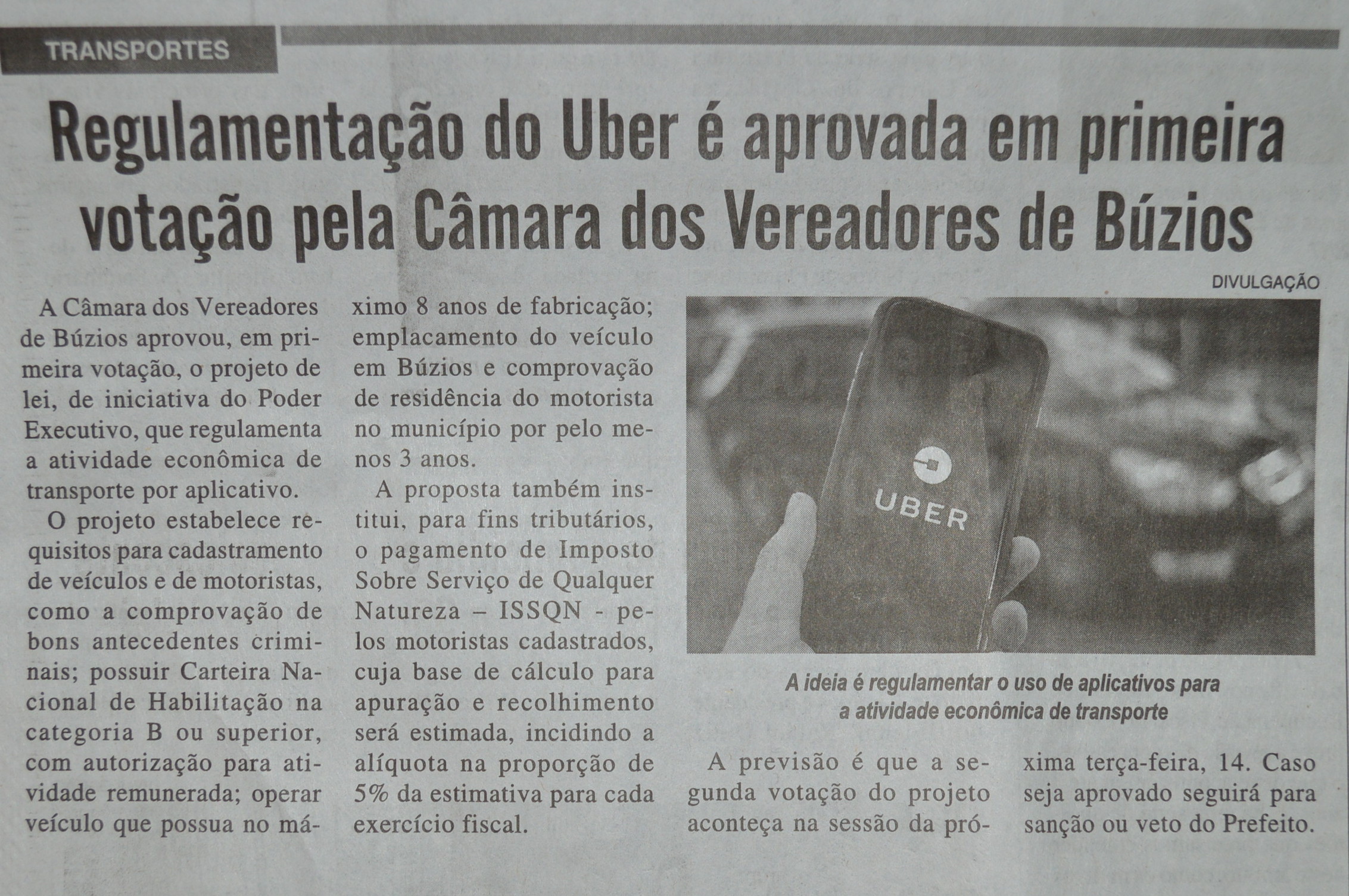 Diário Costa do Sol_Regulamentação Uber_1 turno_11 a 13 maio19