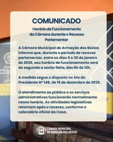 Informe – Horário de Funcionamento da Câmara durante o Recesso Parlamentar